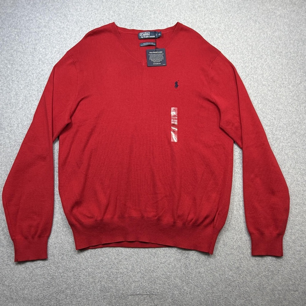 Polo Ralph Lauren Pima Cotton Sweater Mens XL Red V Neck Knit Pullover Preppy